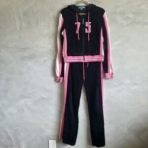 Vintage Velour Tracksuit Set 2 piece Velour Pink Black Racer Size L Y2K Apollo